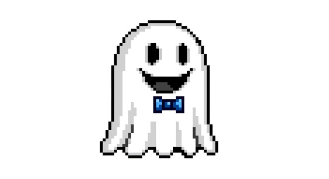 Pixel art ghost character wearing a bow tie.