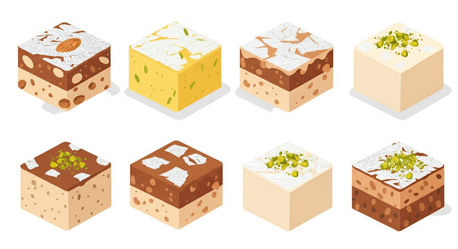 Assorted Traditional Sweets and Fudge Cubes with Nut Toppings Isometric Illustration Set for Food Design