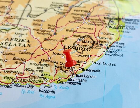 View of East London, City was a constituency in the Cape Province of South Africa, on a geographical map of Africa, marked with red push pin