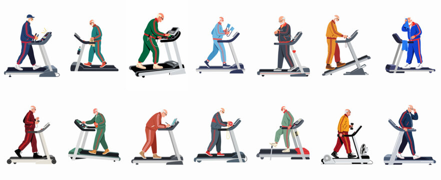 Set of diverse elderly men in colorful tracksuits exercising on various treadmills, emphasizing active aging and fitness for seniors.