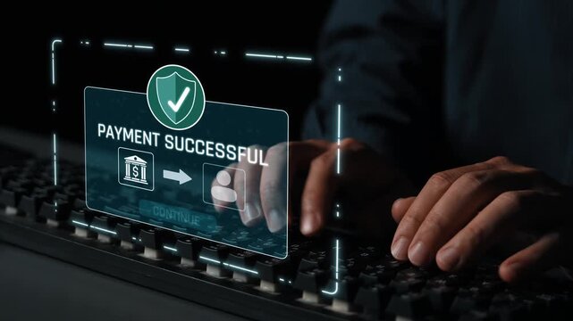 Successful transaction message showing secure payment. Payment confirmed, secured, payment processed, and payment completed with trust and transaction integrity. Marrow