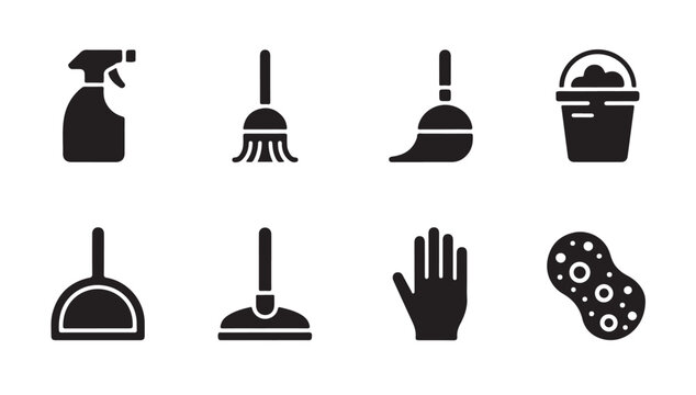 Essential housekeeping supplies icons with foam bucket sponge spray bottle and dustpan graphic.