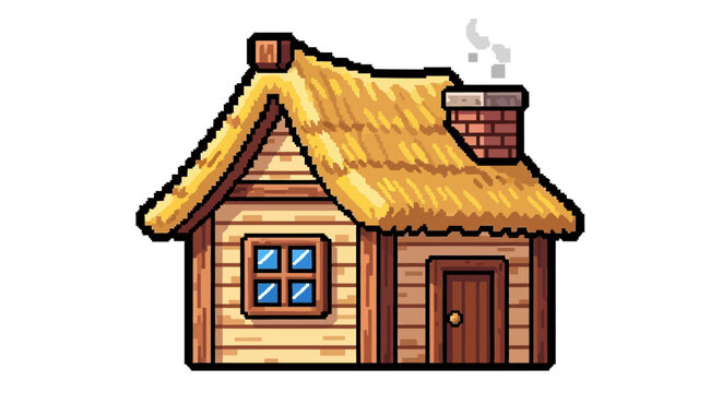 Pixel Art Rustic Wooden Cottage with Thatched Roof.