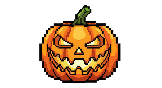 Pixel Art Spooky Jack O Lantern Halloween Pumpkin.