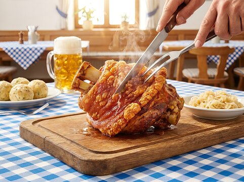 Person carving a traditional roasted pork knuckle with beer and sides in a rustic restaurant.