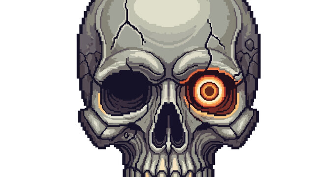 Pixel Art Skull with Glowing Eye and Cracks.