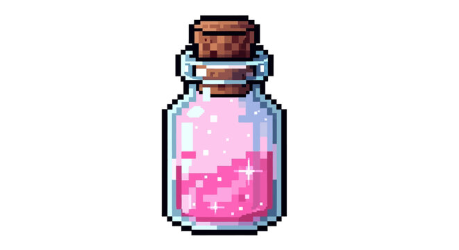 Pixel art pink potion bottle with cork stopper.