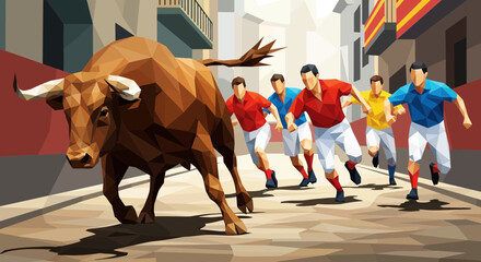 Bull Running with People in City Street, Pamplona Style © sari