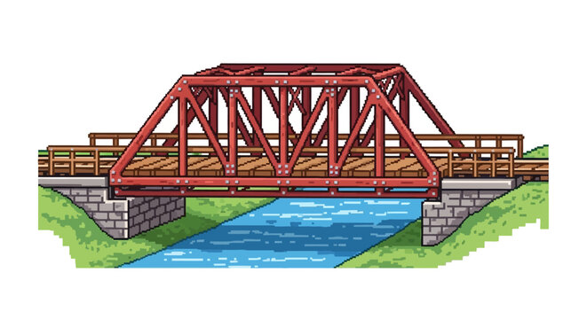 Red Metal Truss Bridge Spanning a Blue River.