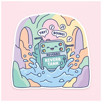 Cute cartoon reverb tank character splashing in water.