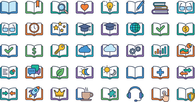 Education book vector icon set with learning study knowledge graduation research and school symbols colorful flat design isolated on white background
