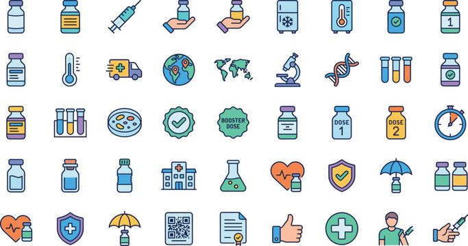 Healthcare medical vector icon set with vaccine syringe medicine bottles hospital symbols DNA laboratory elements and health protection icons isolated design