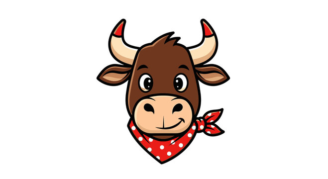 Cute cartoon bull head with red bandana, friendly farm animal illustration