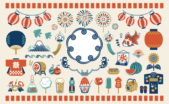 夏祭りの和風アイコンセット　夏　祭り　花火大会　提灯　風鈴　風物詩　金魚　縁日
