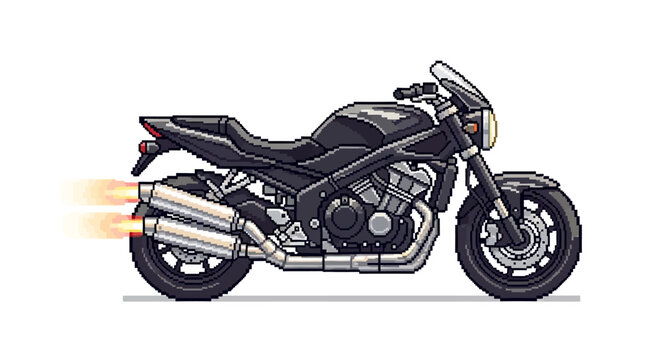 Powerful Black Motorcycle with Fiery Exhaust Flames.
