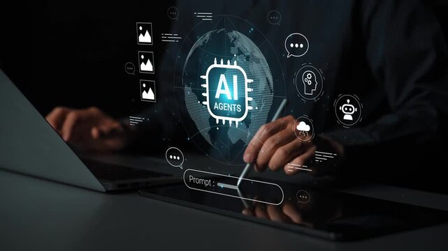 Futuristic Concept of AI Agents with Digital Interface and User Interaction at a Laptop, Emphasizing Technology and Innovation in the Modern Workspace Gluon.