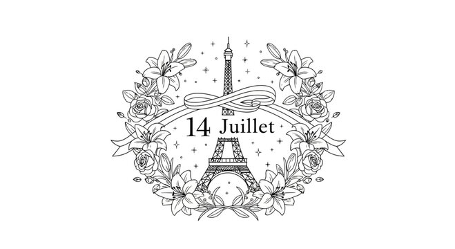 Eiffel Tower 14 Juillet Wreath Floral Sketch Black and White