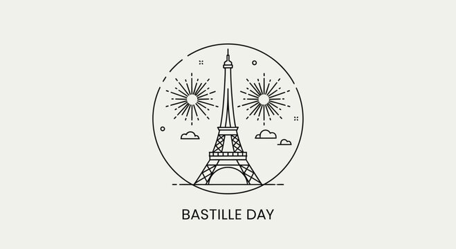 Eiffel Tower Bastille Day Fireworks Celebration Line Art