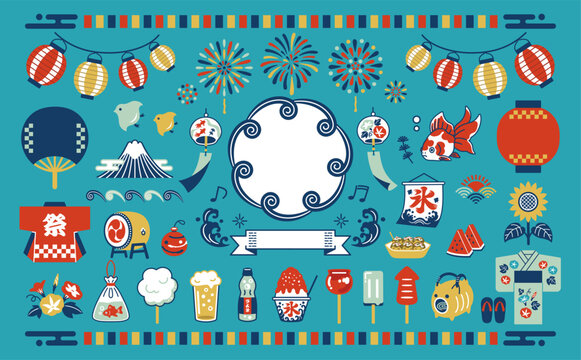 夏祭りの和風アイコンセット　夏　祭り　花火大会　提灯　風鈴　風物詩　金魚　縁日