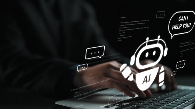 Hands typing on laptop keyboard with glowing chatbot icon and messages in dark environment, representing AI technology and customer service assistance Gluon.