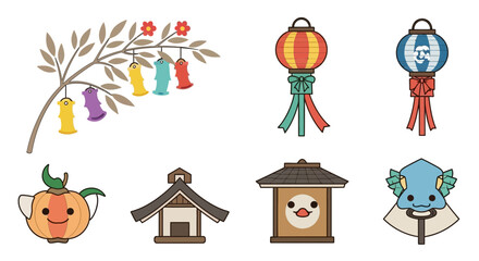 Fototapeta premium Japanese Summer Festival Decorations: Lanterns, Tanabata, and Cute Characters