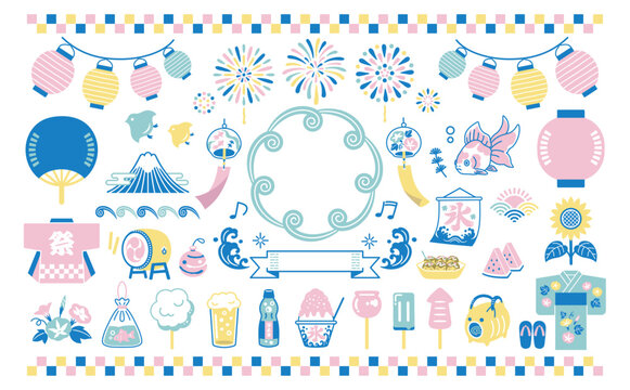 夏祭りの和風アイコンセット　夏　祭り　花火大会　提灯　風鈴　風物詩　金魚　縁日