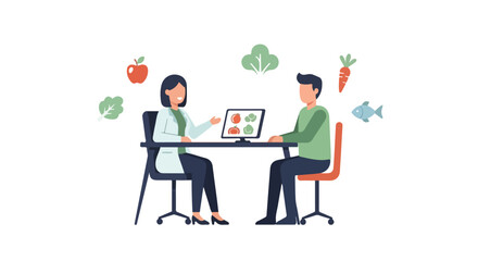 Fototapeta premium An illustration showing a professional nutritionist consulting with a male patient about healthy diet options using a computer in an office.