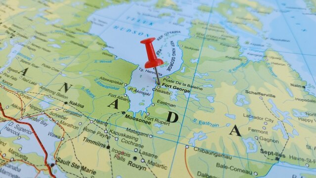 View of Fort George, was a military fortification in Niagara-on-the-Lake, Ontario, Canada, on a geographical map of America, marked with red push pin