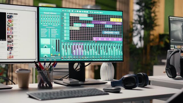 Empty office set up as music production studio with audio editing software, showing recordings and mixing console with soundboard controls. Mastering tools and controls for tunes and songs.
