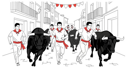Running Bulls and Men in Spanish Street Festival, Traditional Event © sari