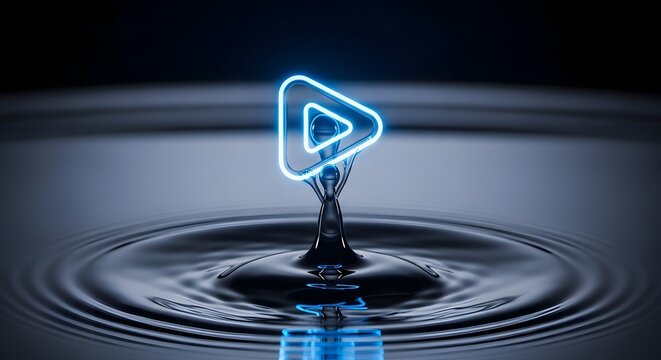 Glowing play button hovers above rippling water surface in dark environment
