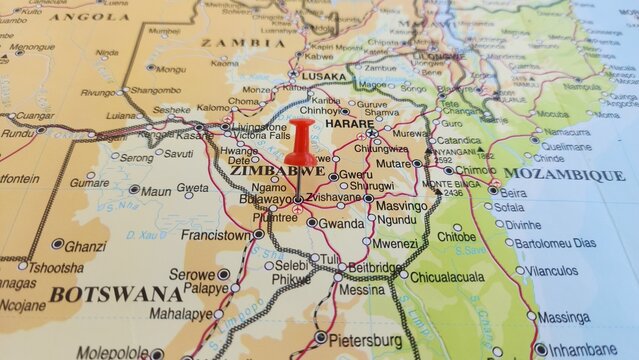 View of Bulawayo, is the second largest city in Zimbabwe, and the largest city in the country's Matabeleland region, on a geographical map of Africa, marked with red push pin