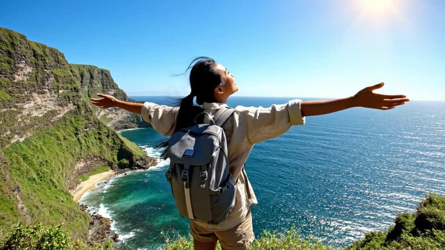 A woman with a backpack stands on a cliff overlooking a scenic coastline with her arms outstretched