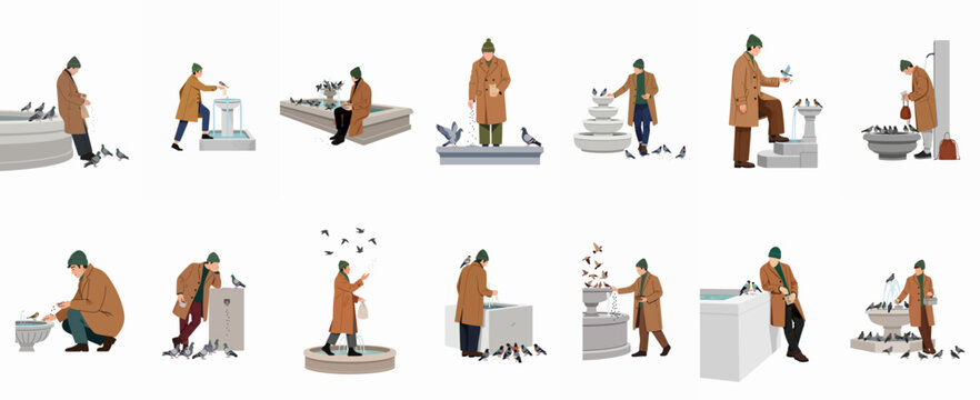 Flat vector illustrations of a man in a long brown coat and green beanie feeding pigeons at various stone fountains in an urban park