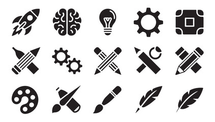 Fototapeta premium Creative workspace icons for startup innovation and professional branding design projects set.