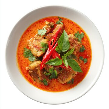 Gaeng Daeng - Thailand red curry with pork plate isolated on a white background