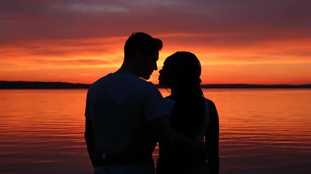 A romantic couple's silhouette against a vibrant orange sunset over calm water