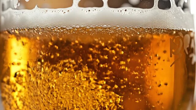 Close up of golden beer with rising bubbles and foam head.
