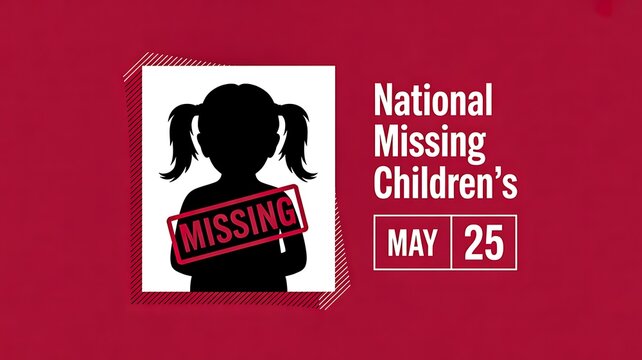 National missing children day awareness concept with child silhouette and missing sign on red background