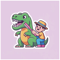 Cute cartoon boy brushing teeth of a friendly green dinosaur. © IP STOCK