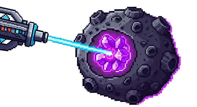 Sci-fi weapon firing energy beam at alien asteroid crystal core.