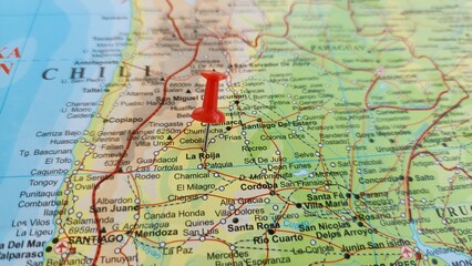 Obraz premium View of La Rioja, founded as City of All Saints of New Rioja, is the capital and largest city of La Rioja Province, Argentina, on a geographical map of America, marked with red push pin