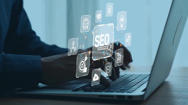 SEO concept for improving SEO visibility, with SEO related digital tools and SEO performance icons shown in an focused layout for strategic marketing. Elide