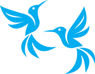 Fototapeta premium Two stylized blue hummingbirds in flight, an elegant and simple graphic logo design perfect for branding and identity