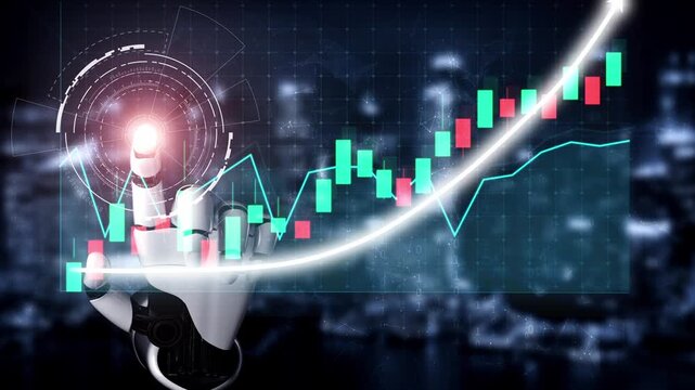 A futuristic robotic hand touches a digital stock market graph, representing advanced technology in finance and the analysis of market growth and trends. Copula