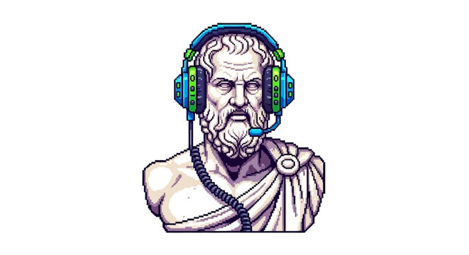 Ancient Greek philosopher bust wearing modern headphones and microphone.