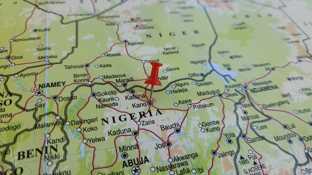View of Kano, is a city in northern Nigeria and the capital of Kano State, It is the second largest city in Nigeria after Lagos, on a geographical map of Africa, marked with red push pin