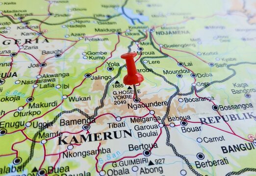 View of Ngaoundere or N'Gaoundere is the capital of the Adamawa Region of Cameroon, on a geographical map of Africa, marked with red push pin