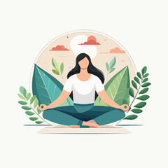 Obraz premium Serene woman meditating in lotus pose surrounded by lush green foliage