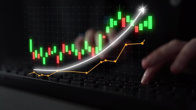 Close-up of hands on keyboard with a digital stock market graph showcasing green and red candlestick patterns indicating growth trends and financial metrics. Copula